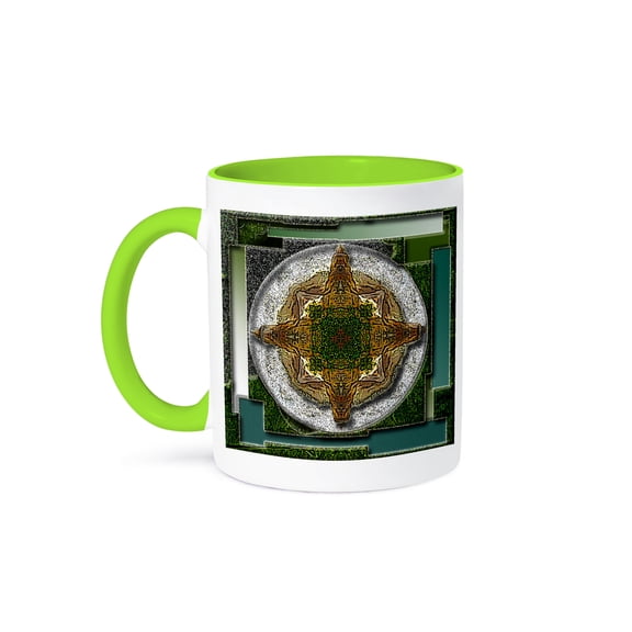 3dRose, Green, Blue, and Black Speckled, layered and Beveled with a Green and Gold Weed In The Center, 15oz Two-Tone Green Mug