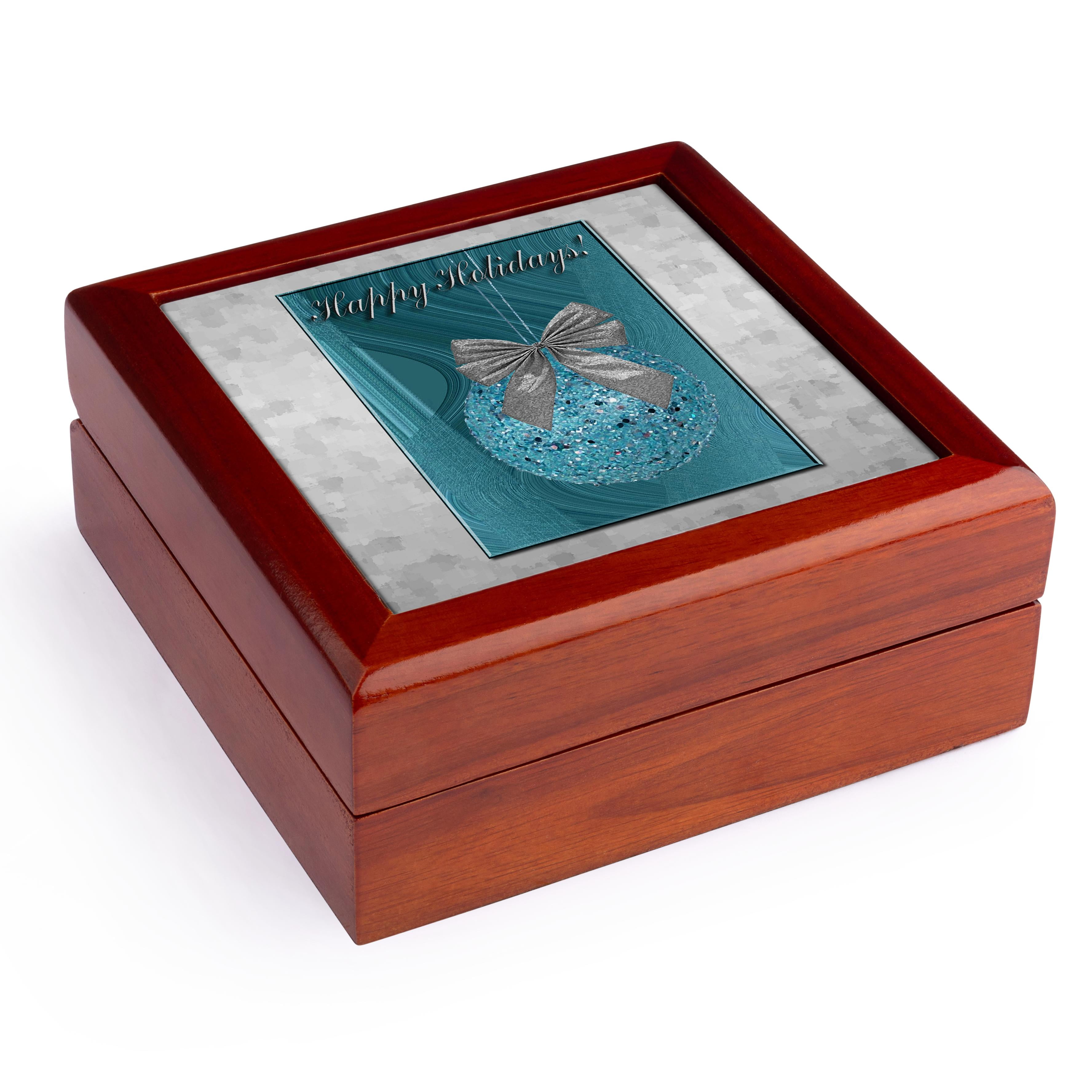 3dRose, Green Ornament with Silver Bow, Happy Holidays, Jewelry Box 5.5x5.5 inch with 4 inch tile