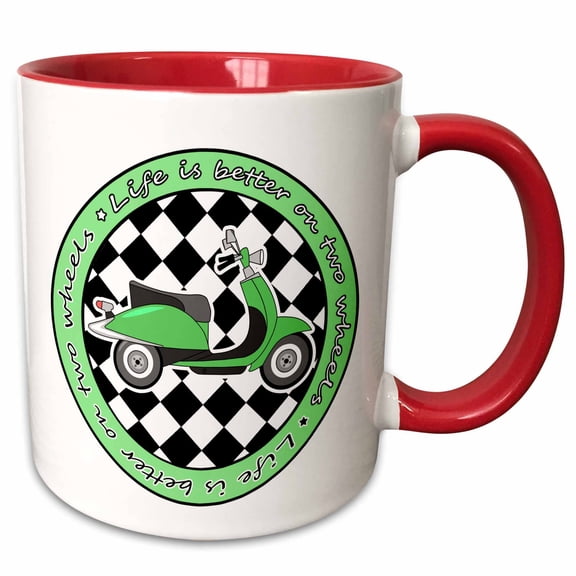 3drose, Green Retro Scooter - Life Is Better on Two Wheels, 11oz Two-tone Red Mug