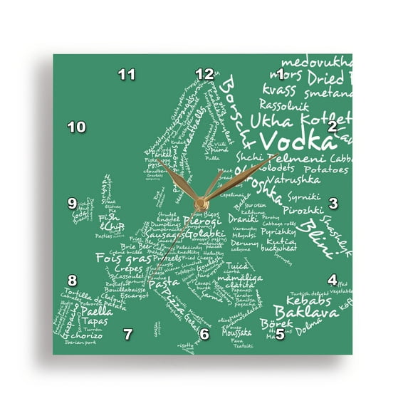 3dRose, Green Typography Food Map of Europe made from words for local foods from around the world, 10x10 Wall Clock
