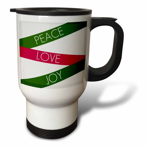 3dRose, Green and Red Peace, Love and Joy- Inspirational Words- Christmas, 14oz Stainless Steel Travel Mug