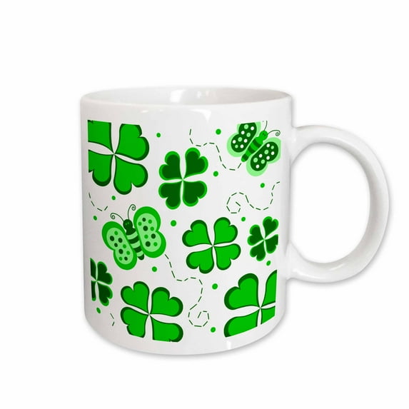 3drose, Green and White Butterfly and Shamrock Design, 11oz Mug