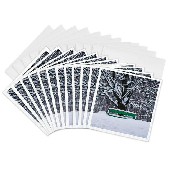3drose, Green Bench under an Oak Tree. Snow, 12 Greeting Cards with Envelopes