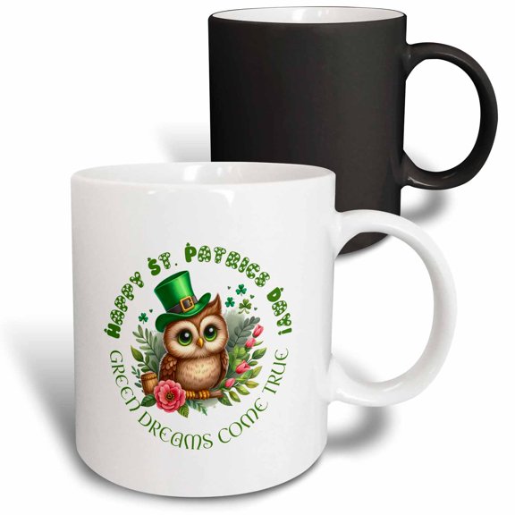 3drose, Green Dreams Come True. Happy St. Patricks Day, Owl, Rose Flowers, 11oz Magic Transforming Mug