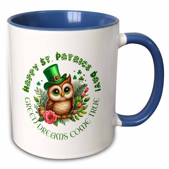 3drose, Green Dreams Come True. Happy St. Patricks Day, Owl, Rose Flowers, 11oz Two-tone Blue Mug