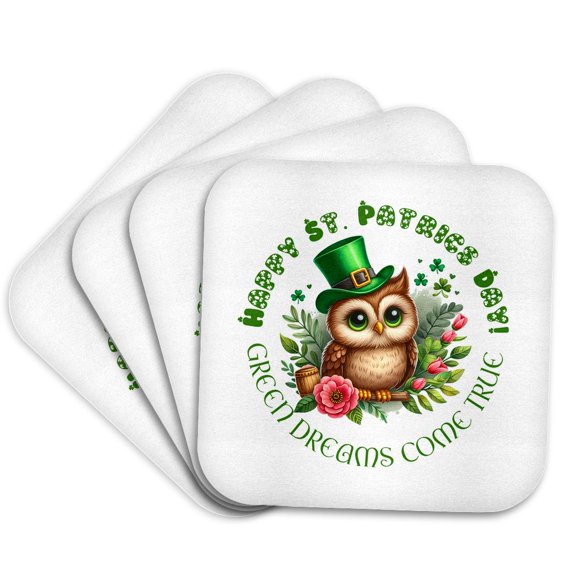 3drose, Green Dreams Come True. Happy St. Patricks Day, Owl, Rose Flowers, Set of 4 Coasters - Soft