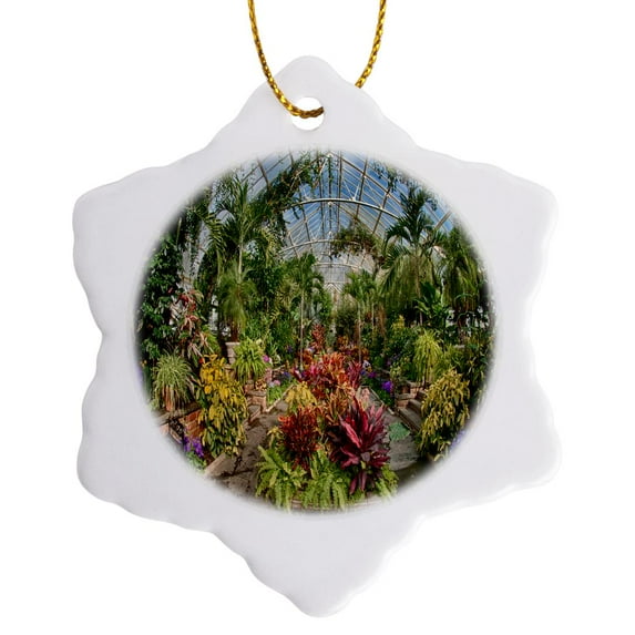 3drose, Greenhouse with Trees and Flowers, 3 inch Snowflake Porcelain Ornament