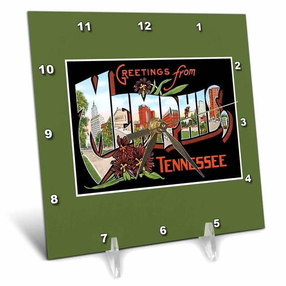 3dRose, Greetings From Memphis Tennessee Scenic Postcard Reproduction, 6x6 Desk Clock