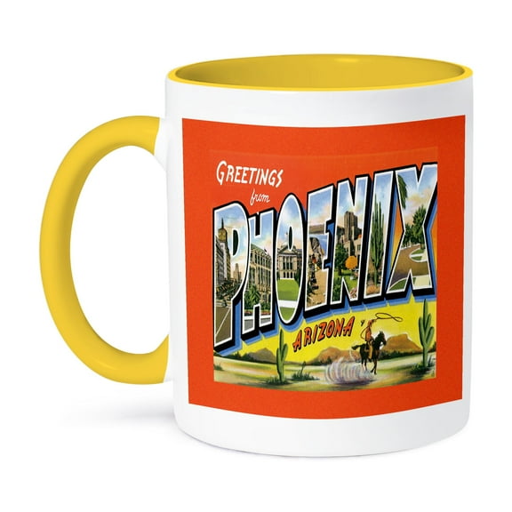 3dRose, Greetings From Phoenix Arizona with Cowboy on a Horse with a Lasso and Scenes of the City, 15oz Two-Tone Yellow Mug