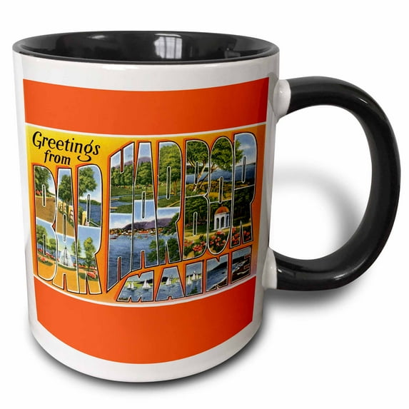 3drose, Greetings from Bar Harbor, Maine Scenic Postcard Reproduction, 15oz Two-tone Black Mug