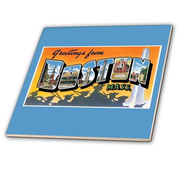 3dRose, Greetings from Boston Mass. Scenic Postcard Reproduction, 4 Inch Ceramic Tile