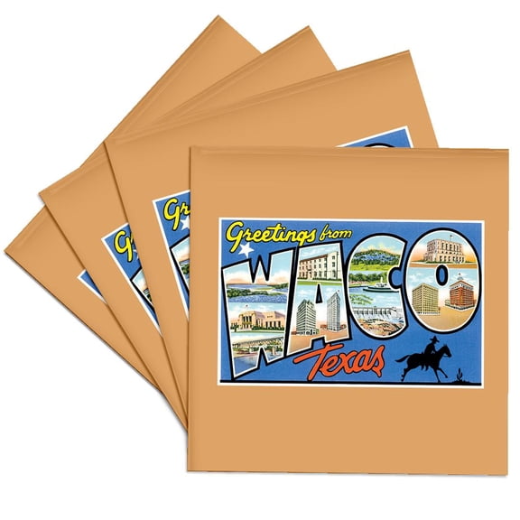 3dRose, Greetings from Waco Texas Scenic Postcard with Horse Silhouette, Set of 4 Ceramic Tile Coasters