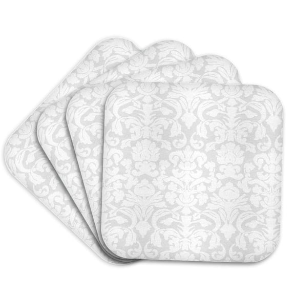 3drose, Grey Silver and White French Floral Fancy Damask Pattern - Classic Classy Elegant and Stylish Gray, Set of 4 Coasters - Soft