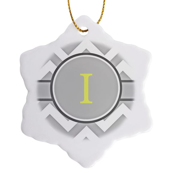 3drose, Grey and White Chevron with Yellow Monogram Initial I, 3 inch Snowflake Porcelain Ornament