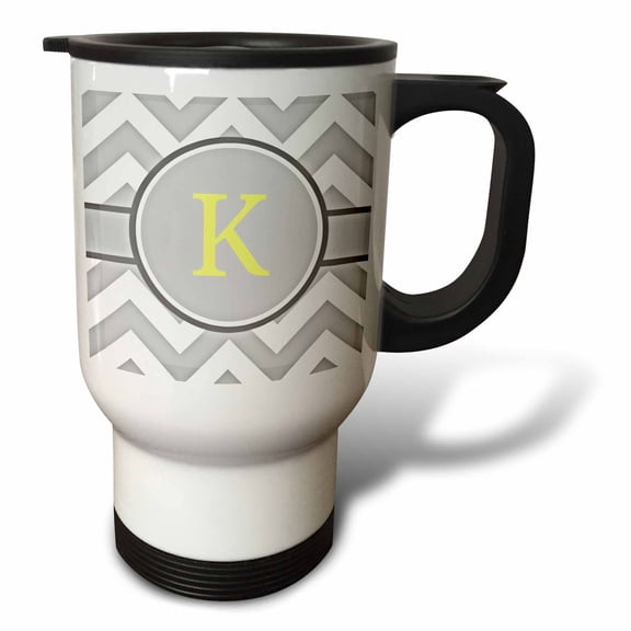 3dRose, Grey and white chevron with yellow monogram initial K, 14oz Stainless Steel Travel Mug