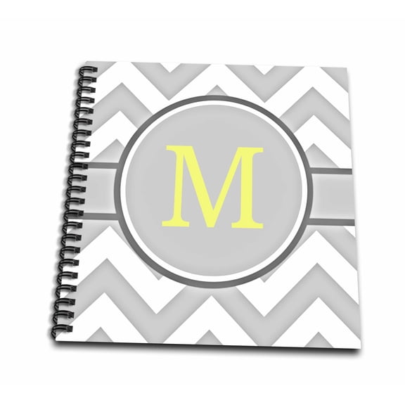 3dRose, Grey and white chevron with yellow monogram initial M, Memory Book 12 x 12 inch