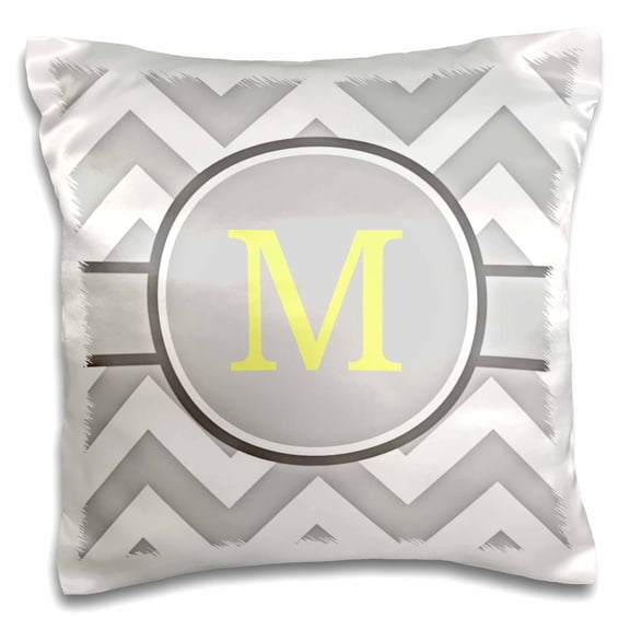 3drose, Grey and White Chevron with Yellow Monogram Initial M, 16x16 inch Pillow Case