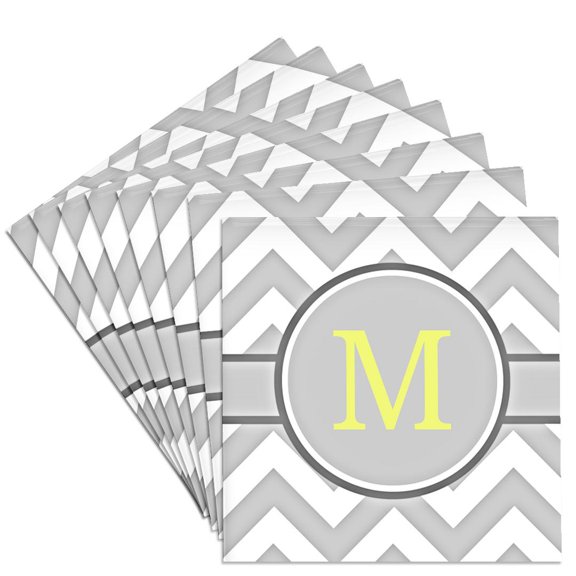 3drose, Grey and White Chevron with Yellow Monogram Initial M, Set of 8 Ceramic Tile Coasters