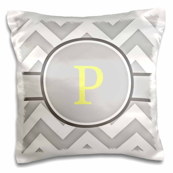 3drose, Grey and White Chevron with Yellow Monogram Initial P, 16x16 inch Pillow Case