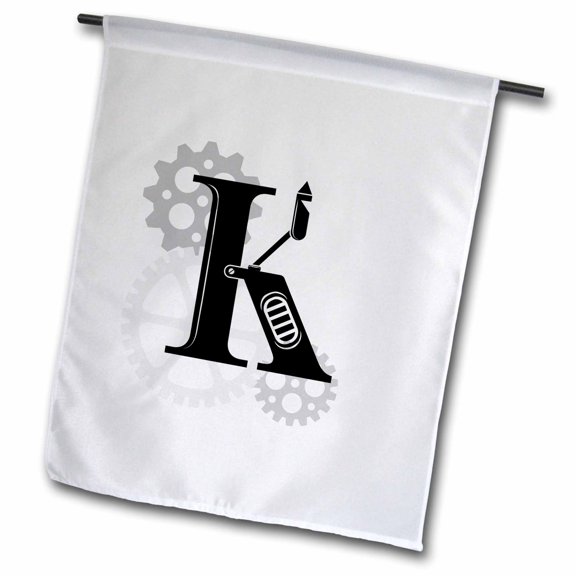 3dRose, Grey cogs, gears. Mechanics, machinery. Alluring black letter K, 12 x 18 inch Garden Flag