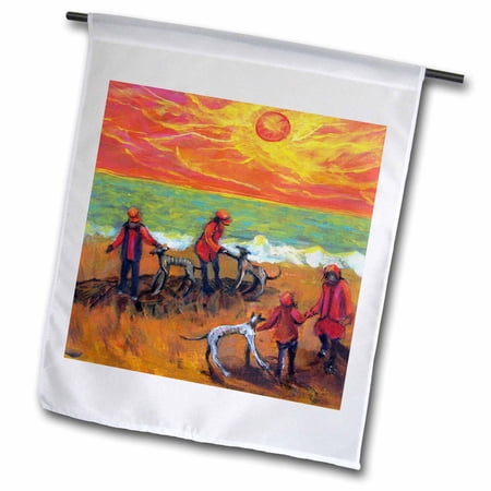 3dRose, Greyhounds and Kids - Fall festival brings new friends to play on pumpking colored beaches., 12 x 18 inch Garden Flag