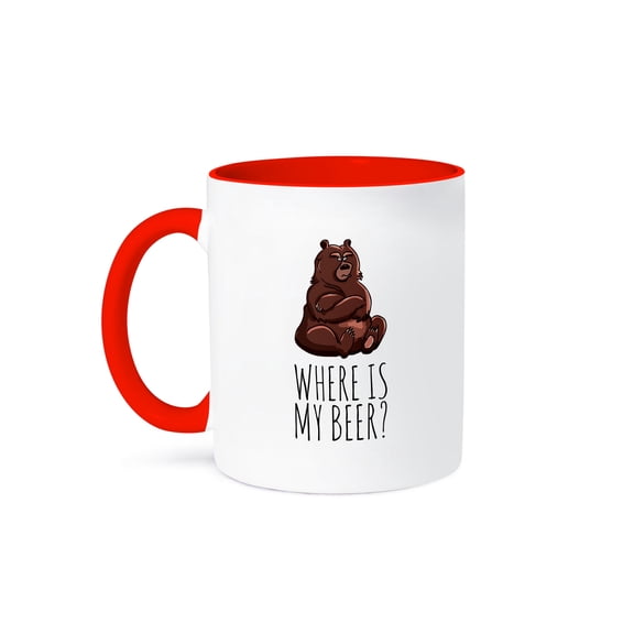 3dRose, Grizzly bear sits, arms folded across its chest. Where is my beer, 11oz Two-Tone Red Mug