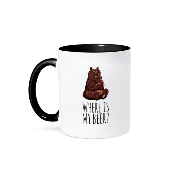 3dRose, Grizzly bear sits, arms folded across its chest. Where is my beer, 15oz Two-Tone Black Mug