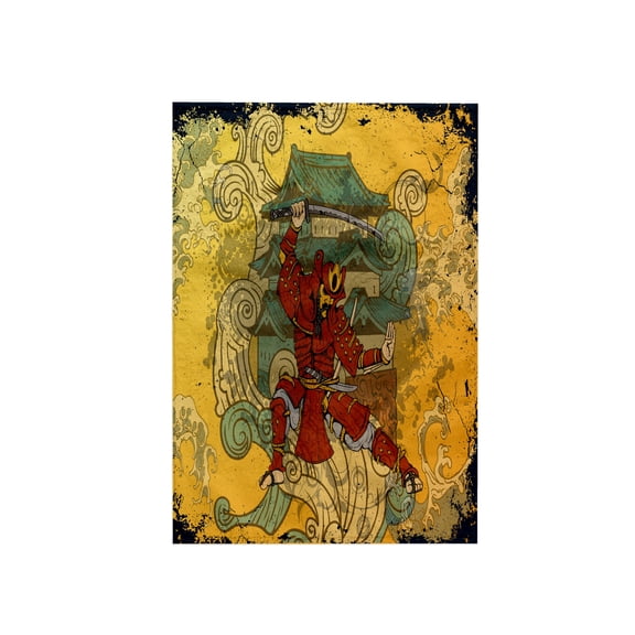 3dRose, Grunge Japanese Samurai Fighter With Waves And Pagoda In Background Oriental Vector Illustration, 15x22 Hand Towel