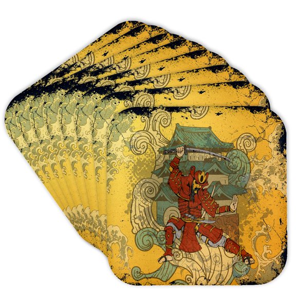 3drose, Grunge Japanese Samurai Fighter with Waves and Pagoda in Background Oriental Vector Illustration, Set of 8 Coasters - Soft