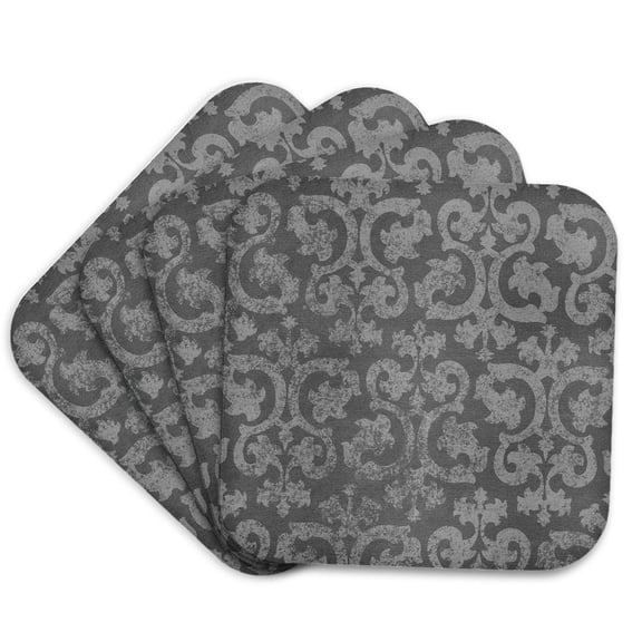 3dRose, Grunge dark gray damask - silver grey faded antique vintage swirls wallpaper fancy swirling pattern, set of 4 Coasters - Soft