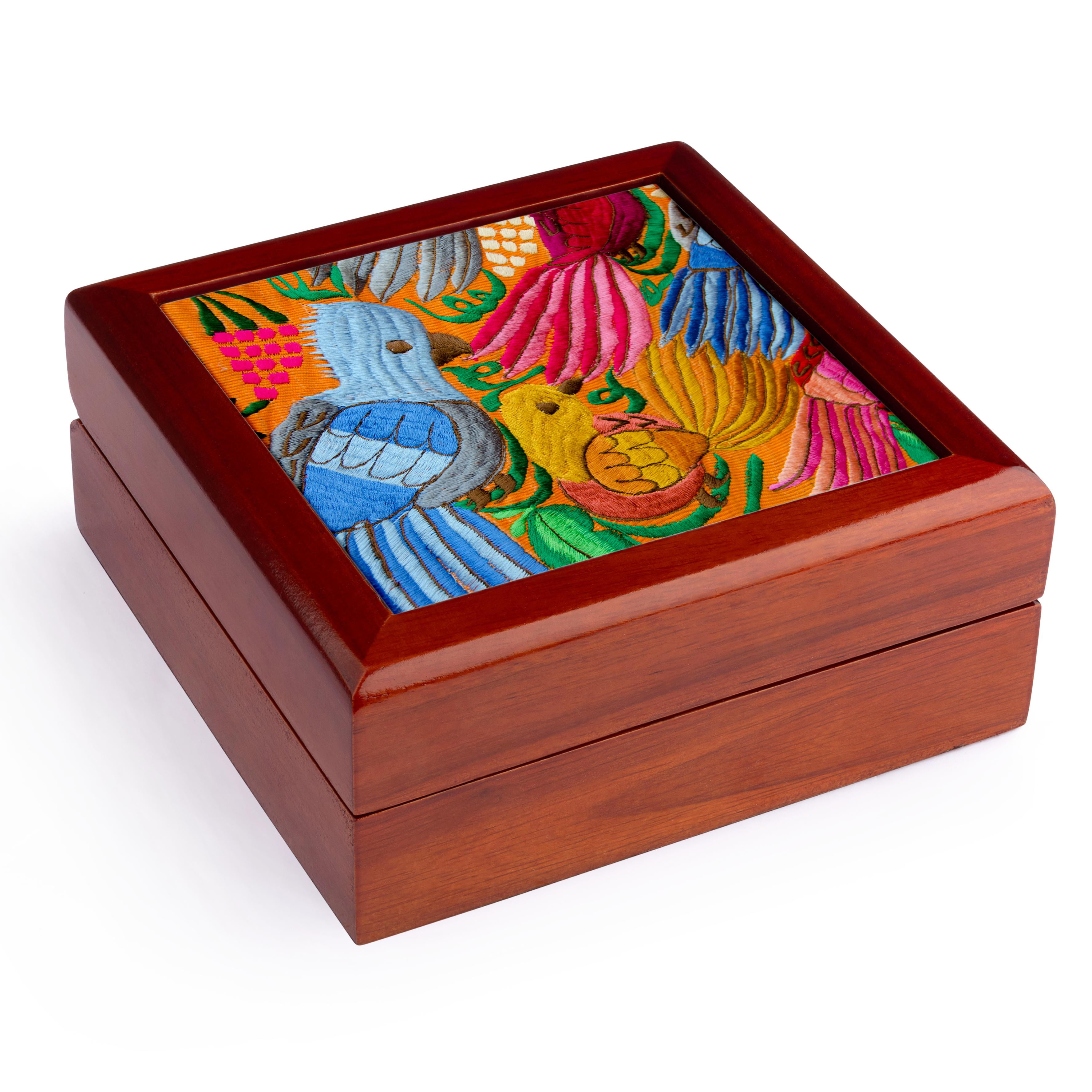 3dRose, Guatemala, Livingston. Embroidery textile with tropical birds, Jewelry Box 5.5x5.5 inch with 4 inch tile