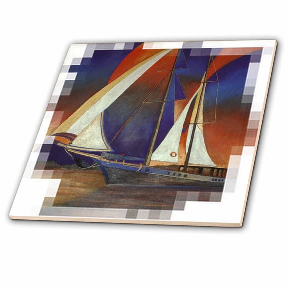 3dRose, Gulet Under Sail - blue, boats, impressionism, orange, realism, sailboat, sails, 6 Inch Ceramic Tile