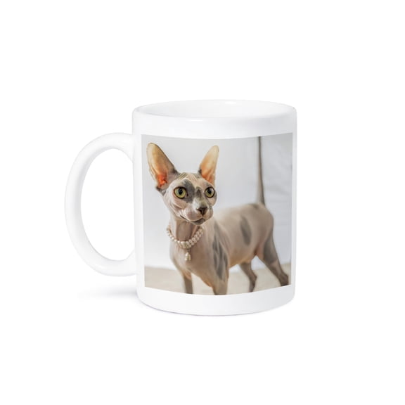 3dRose, Hairless sphinx cat wearing pearls poses for a portrait, 11oz Mug