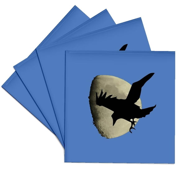 3drose, Half Moon with Flying Raven Crow Silhouette, Set of 4 Ceramic Tile Coasters