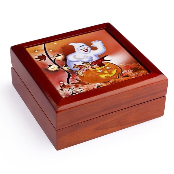 3dRose, Halloween Ghost and Pumpkin, Jewelry Box 5.5x5.5 inch with 4 inch tile