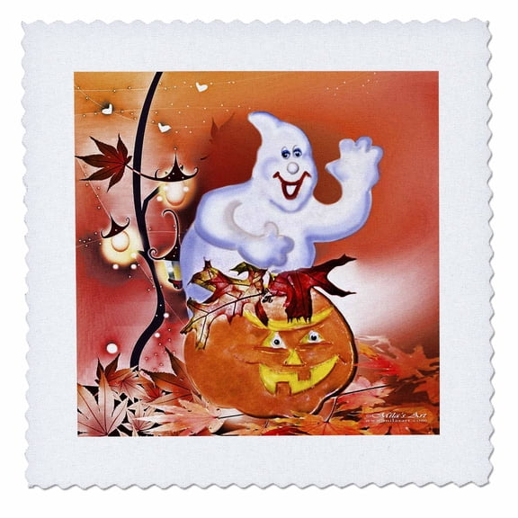 3dRose, Halloween Ghost and Pumpkin, 10x10 inch quilt square