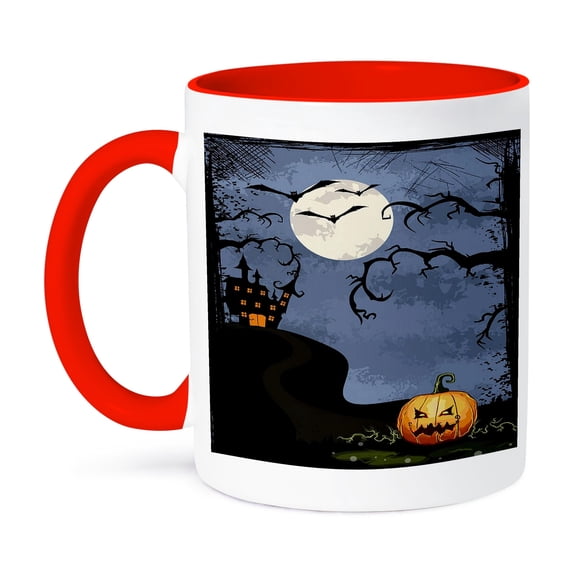 3dRose, Halloween Haunted House With Moon, Tree, and Pumpking, 11oz Two-Tone Red Mug