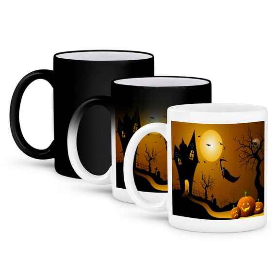 3dRose, Halloween House With Pumpkins, Skulls, and Bats and The Grim Reaper, 11oz Magic Transforming Mug
