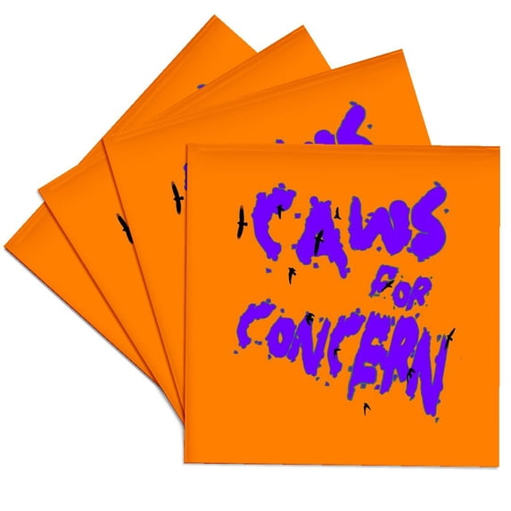 3dRose, Halloween Ravens Caws For Concern Fun Pun Purple Quote, Set of 4 Ceramic Tile Coasters