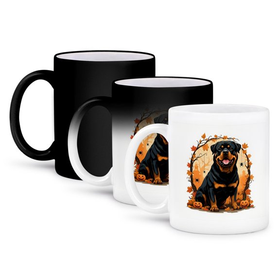 3dRose, Halloween Rottweiler Dog Surrounded By Autumn Leaves And Jackolantern, 11oz Magic Transforming Mug