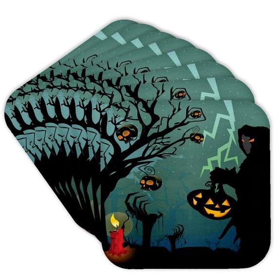 3dRose, Halloween Scene With Grim Reaper With Pumpkins, Candle, and Skulls On A Scary Tree With Lightening, set of 8 Coasters - Soft