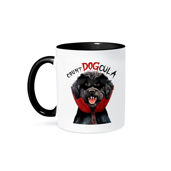 3dRose, Halloween dogs never looked as cute as this black Barbet with fangs., 15oz Two-Tone Black Mug