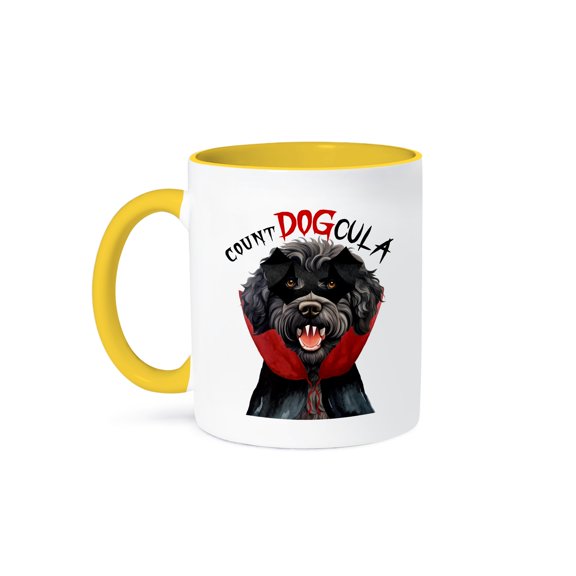 3dRose, Halloween dogs never looked as cute as this black Barbet with fangs., 15oz Two-Tone Yellow Mug