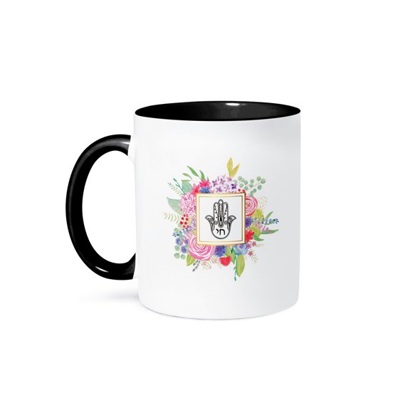 3dRose, Hamsa with Chai in Hebrew letters - Pretty Jewish symbol pink flowers, 11oz Two-Tone Black Mug
