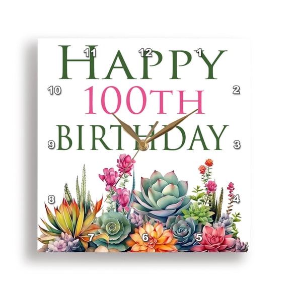 3dRose, Happy 100th Birthday Pretty Cactus Succulents, 15x15 Wall Clock