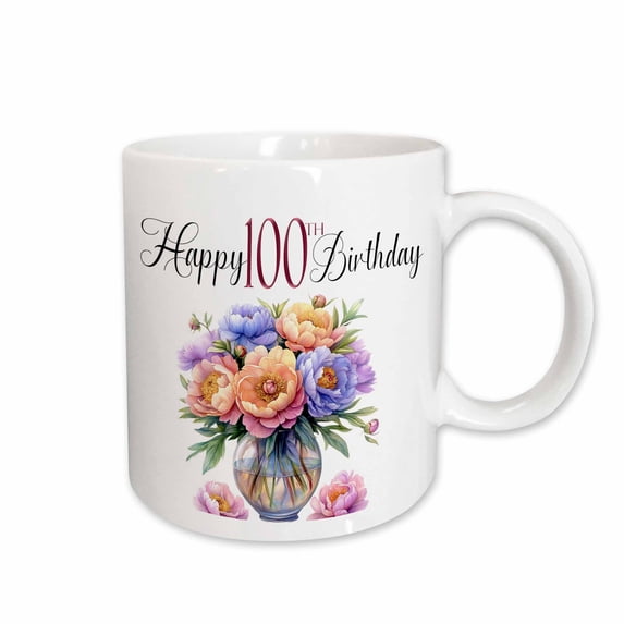 3drose, Happy 100th Birthday Pretty Vase of Pastel Peony Flowers, 11oz Mug
