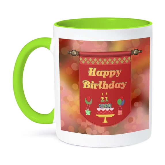 3dRose, Happy 21st Birthday Banner, Cake with Gifts and Balloons, 15oz Two-Tone Green Mug