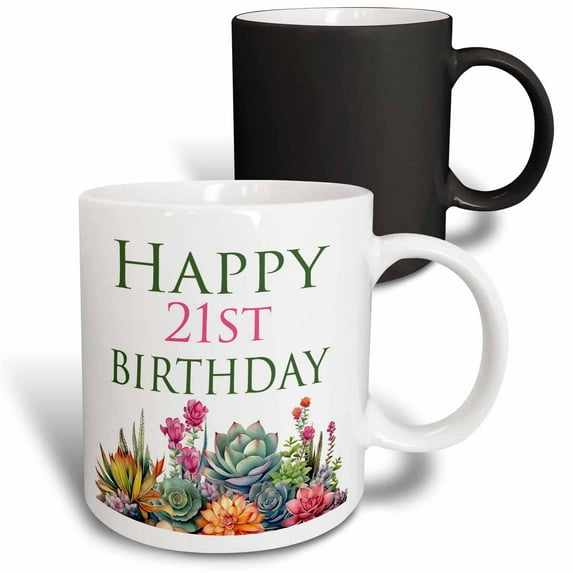 3drose, Happy 21st Birthday Pretty Cactus Succulents, 11oz Magic Transforming Mug