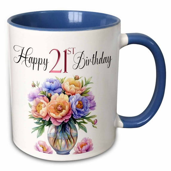 3drose, Happy 21st Birthday Pretty Vase of Pastel Peony Flowers, 11oz Two-tone Blue Mug