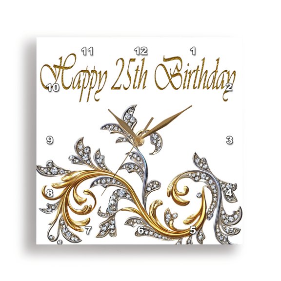 3dRose, Happy 25th Birthday Elegant Image Of Diamond Image Of Gold Flourish, 15x15 Wall Clock
